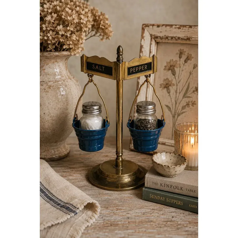 Vintage Balance Scale Salt Pepper Holder Brass Blue Buckets Mid Century Kitchen